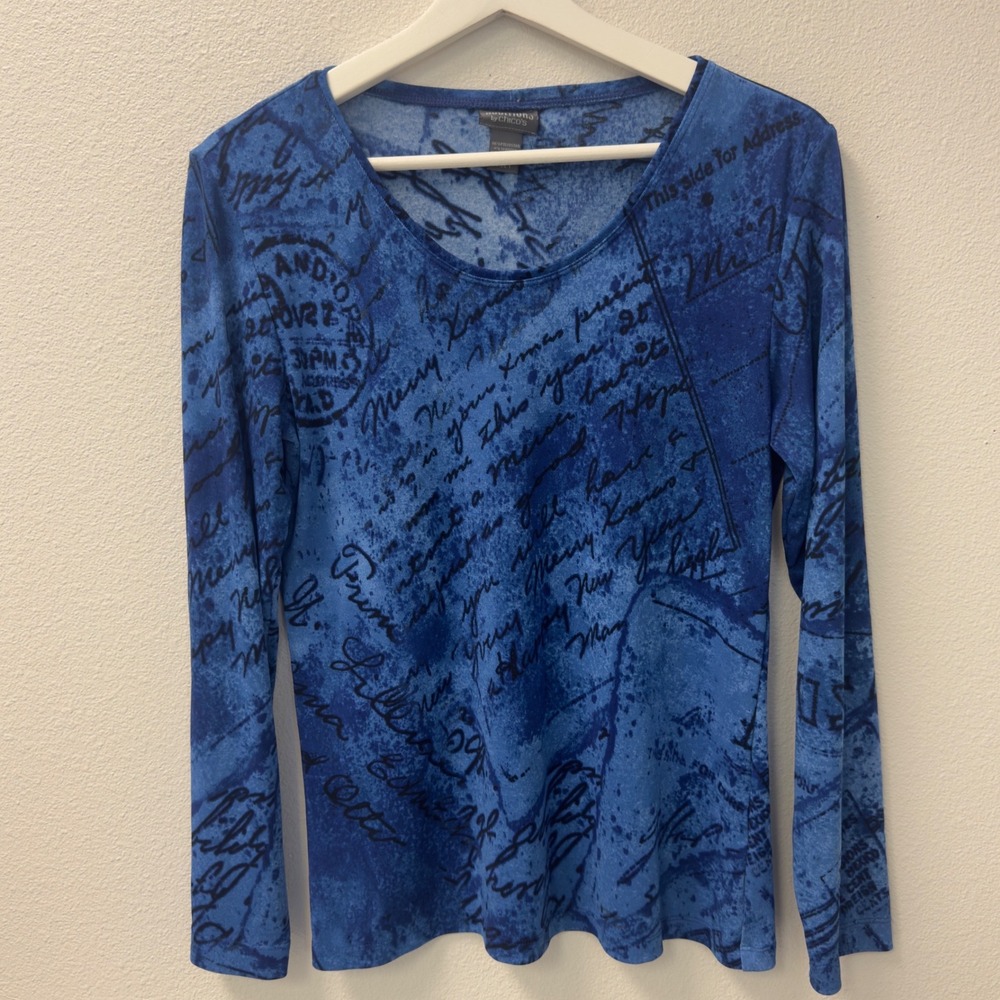 Chicos Additions Top Womens 1 Blue Script Postcard Long Sleeve Scoop Neck Exc